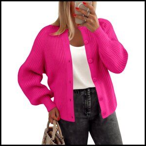 Chunky Knit Cardigan Sweater Long Sleeve Button Down Crew Neck Fall Fashion